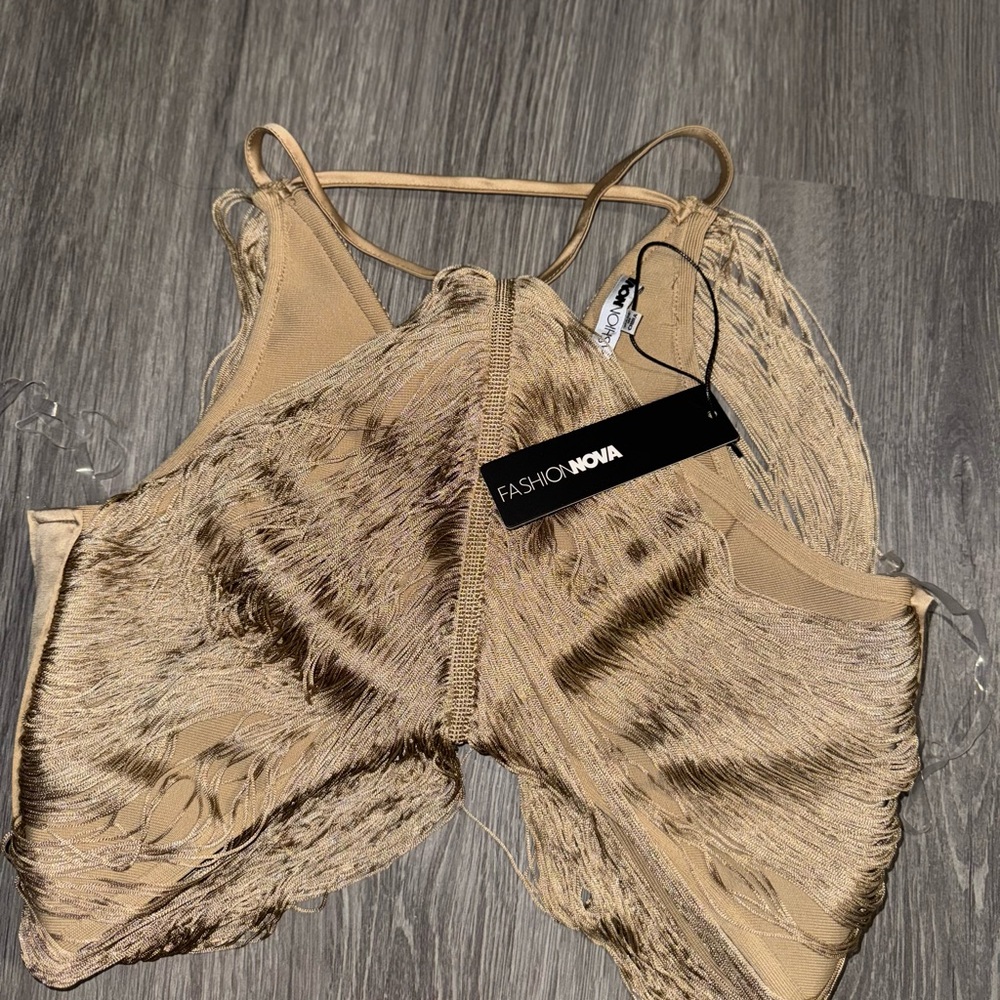 Fashion Nova Beige Fringe Crop Top